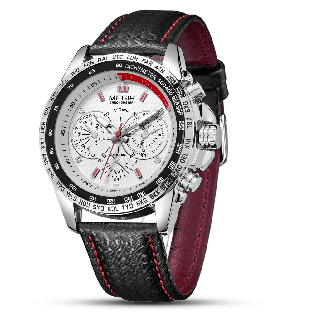 Montre-bracelet analogique à quartz pour homme MEGIR – Montre de luxe étanche avec bracelet en cuir, style décontracté, modèle 1010 (noir)