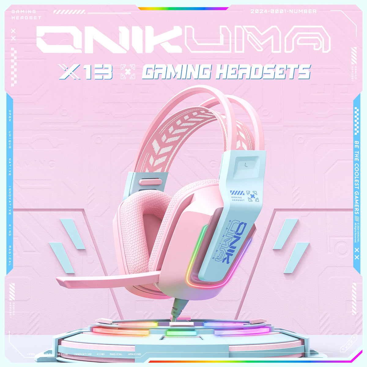 ONIKUMA X13 sur l'oreille casque de jeu filaire suppression écouteurs rose oreilles de chat lumière Rgb avec micro pour PC PS4