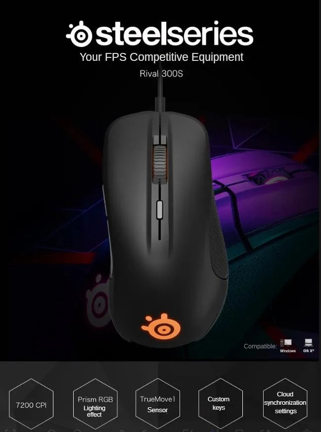 SteelSeries Rival 300S Gaming Mouse Wired RGB Gaming Mouse with TrueMove1 Optical Sensor, 7200 CPI, 6 Programmable Buttons USB Gaming Mouse