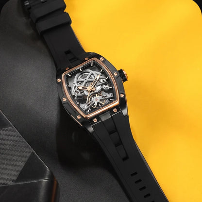 MEGIR mechanisch herenhorloge, tonvormig, opengewerkte skeletwijzerplaat, sportieve stijl, siliconen band, luxe automatisch horloge