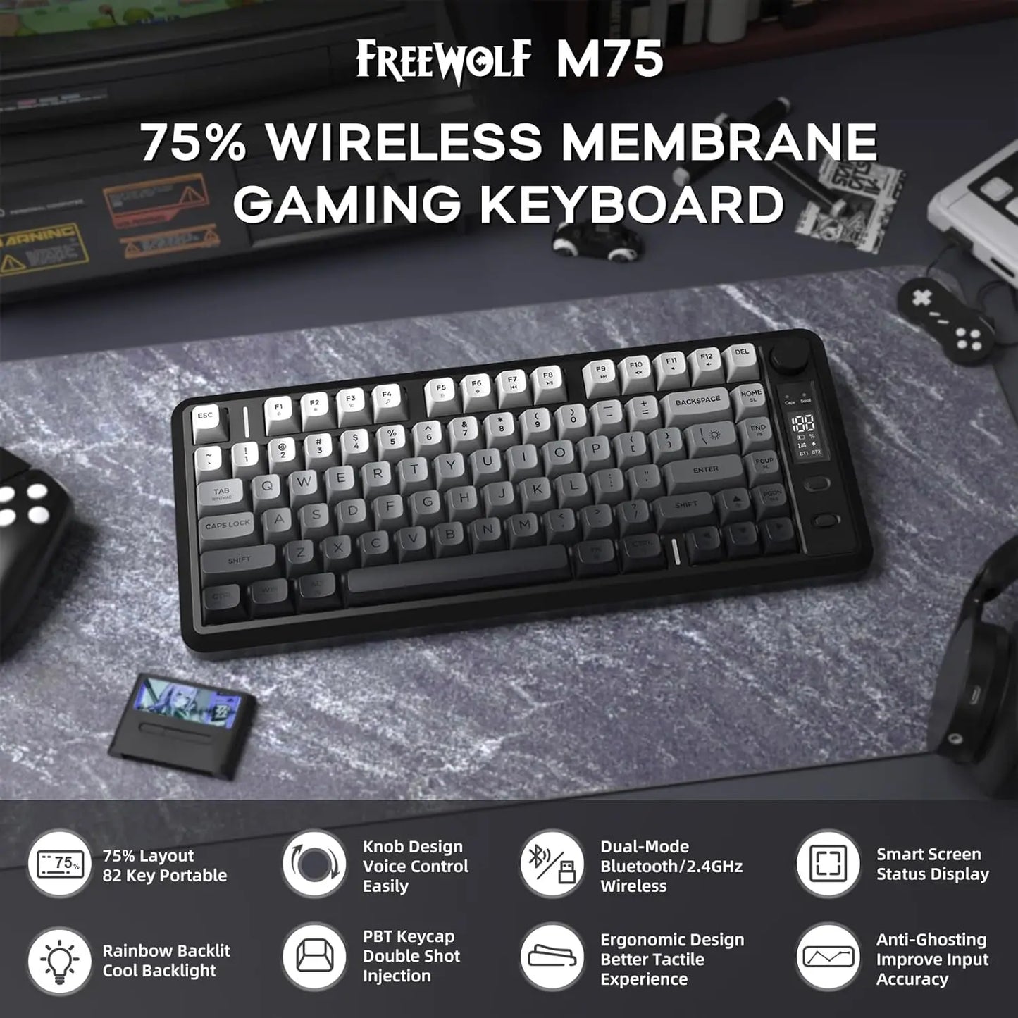 ATTACK SHARK M75 Wireless Membrane Gaming Keyboard with Knob&OLED Display Bluetooth/2.4Ghz Rainbow Backlit Gradient PBT Keycaps