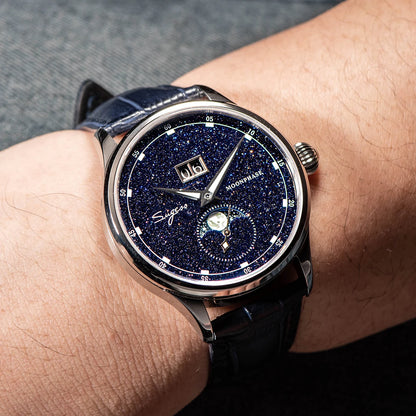 Sugess Moonphase Watch of Men 40mm Automatic Mechanical Wristwatches Origin ST2528 Movement Stainless Steel Blue Sandstone Dials