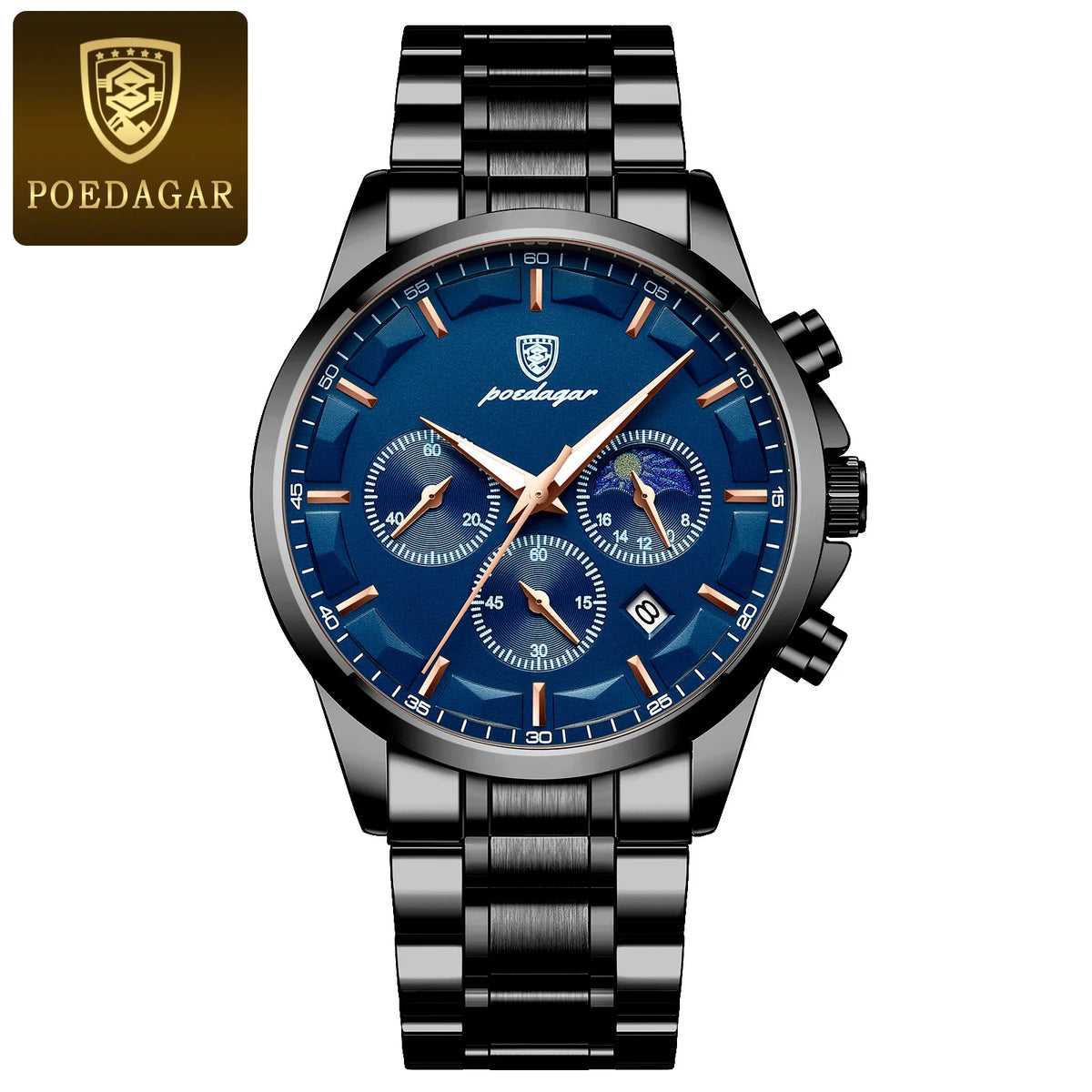 Montre-bracelet de luxe pour homme POEDAGAR, style militaire, étanche, lumineuse, chronographe, en acier inoxydable, à quartz, avec boîte.
