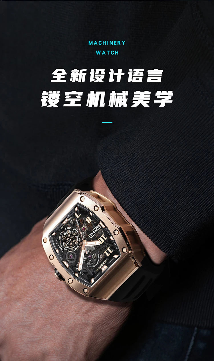 Custom Men's Watch Luxury Automatic Watches for Men High-end Hollow Rose gold Stainless Steel Mechanical Wrist Watch Reloj Clock
