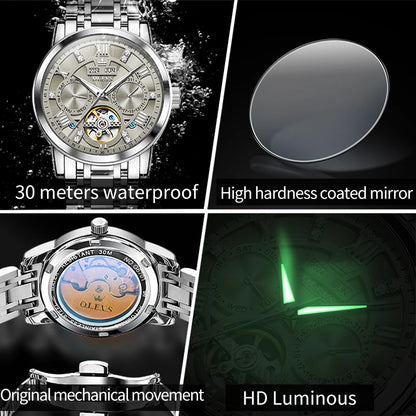 OLEVS 6701 Men's Watch Luxury Waterproof Auto Date Mechanical Watch For Men Hollow Skeleton Diamond Wristwatch Luminous Clock