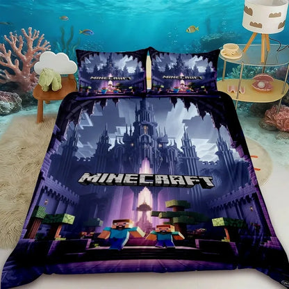 Pościel dla dzieci z motywem kreskówkowym Minecraft – zestaw pościelowy z poszewką na kołdrę w rozmiarze Queen, King i Full z 1/2 poszewką na poduszkę do sypialni