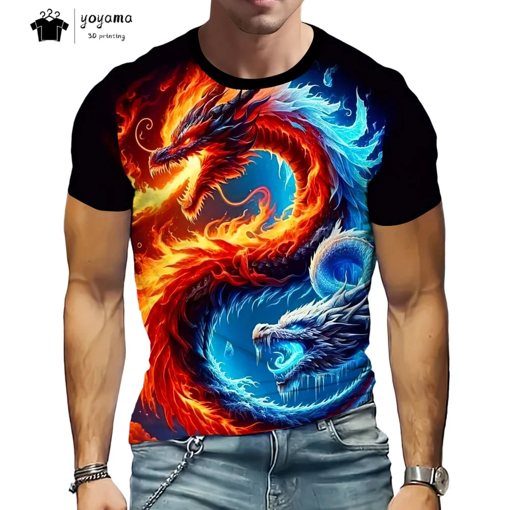 Pánská trička s motivem draka, tričko s krátkým rukávem, módní streetwear, tričko s kulatým výstřihem, trendové zvířecí motivy, 3D tisk, volný střih, univerzální pánské oblečení