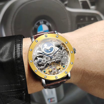 Pánske mechanické automatické náramkové hodinky SKROX, skeletový model s funkciou GMT, fázami mesiaca a tourbillon – luxusné hodinky najvyššej triedy, elegantné a originálne.
