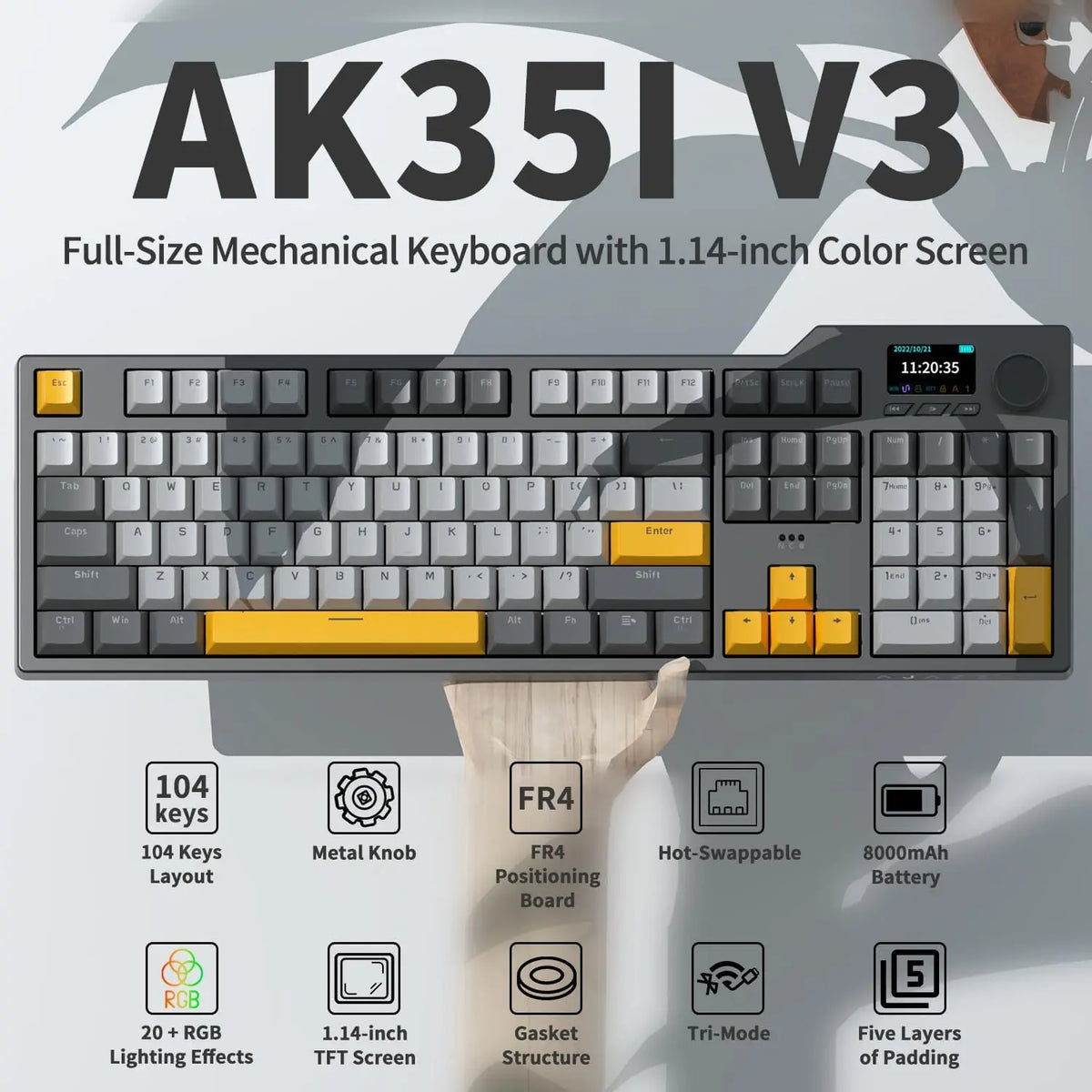 Ajazz AK35I V3 MAX – klawiatura mechaniczna do gier z baterią 8000 mAh, trzy tryby pracy: przewodowy, Bluetooth i bezprzewodowy, możliwość wymiany na gorąco, kolorowy ekran TFT