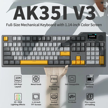 Ajazz AK35I V3 MAX – klawiatura mechaniczna do gier z baterią 8000 mAh, trzy tryby pracy: przewodowy, Bluetooth i bezprzewodowy, możliwość wymiany na gorąco, kolorowy ekran TFT