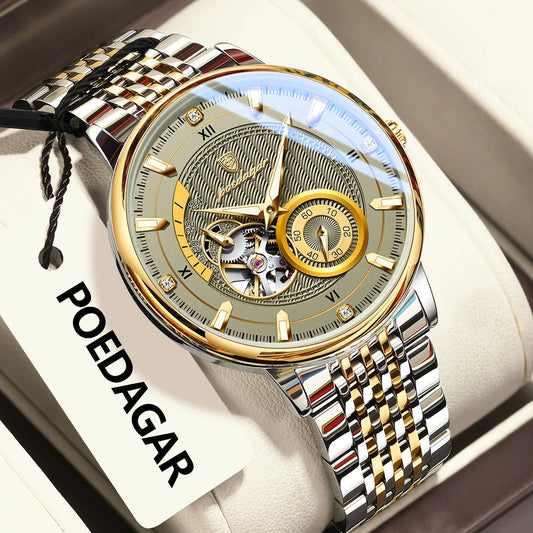 POEDAGAR Top Luxury Man Wristwatch Luminous Hollow Tourbillon Stainless Steel Men Clock Mechanical Automatic Men's Watches Reloj