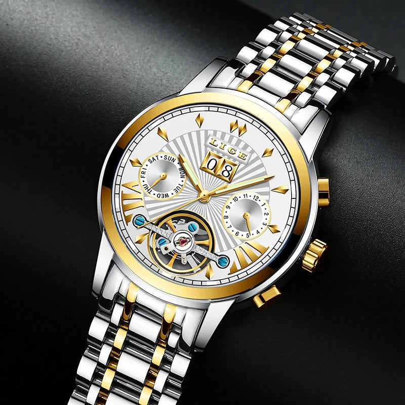 Montres-bracelets mécaniques automatiques pour hommes LIGE – Montre de luxe haut de gamme avec tourbillon, modèle élégant et étanche, idéal pour le travail ou les occasions formelles.