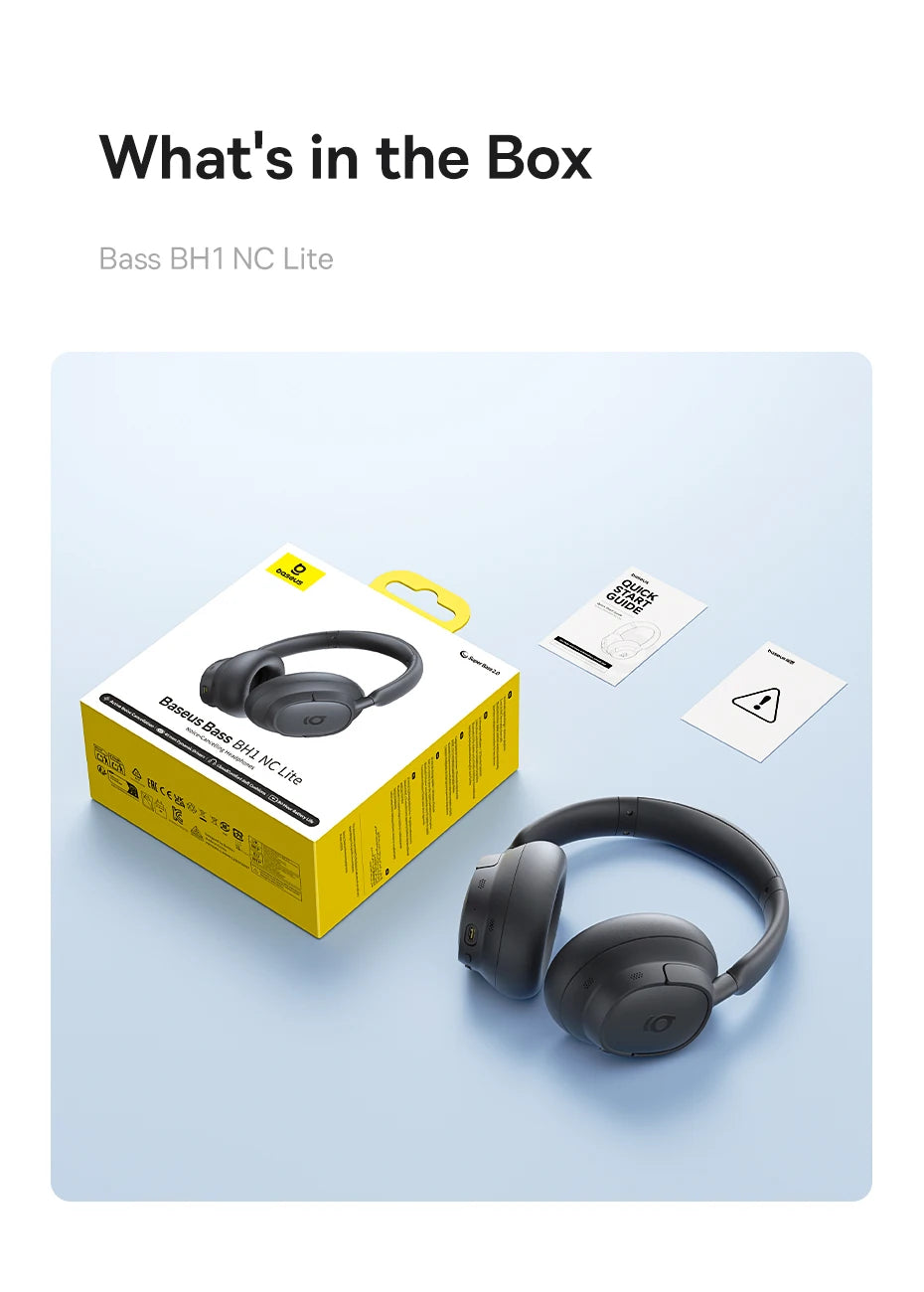 Baseus Bass BH1 NC Lite ANC Wireless Headphones Bluetooth 6.0 Noise Cancelling Headset 80H Battery Over Ear Earphones