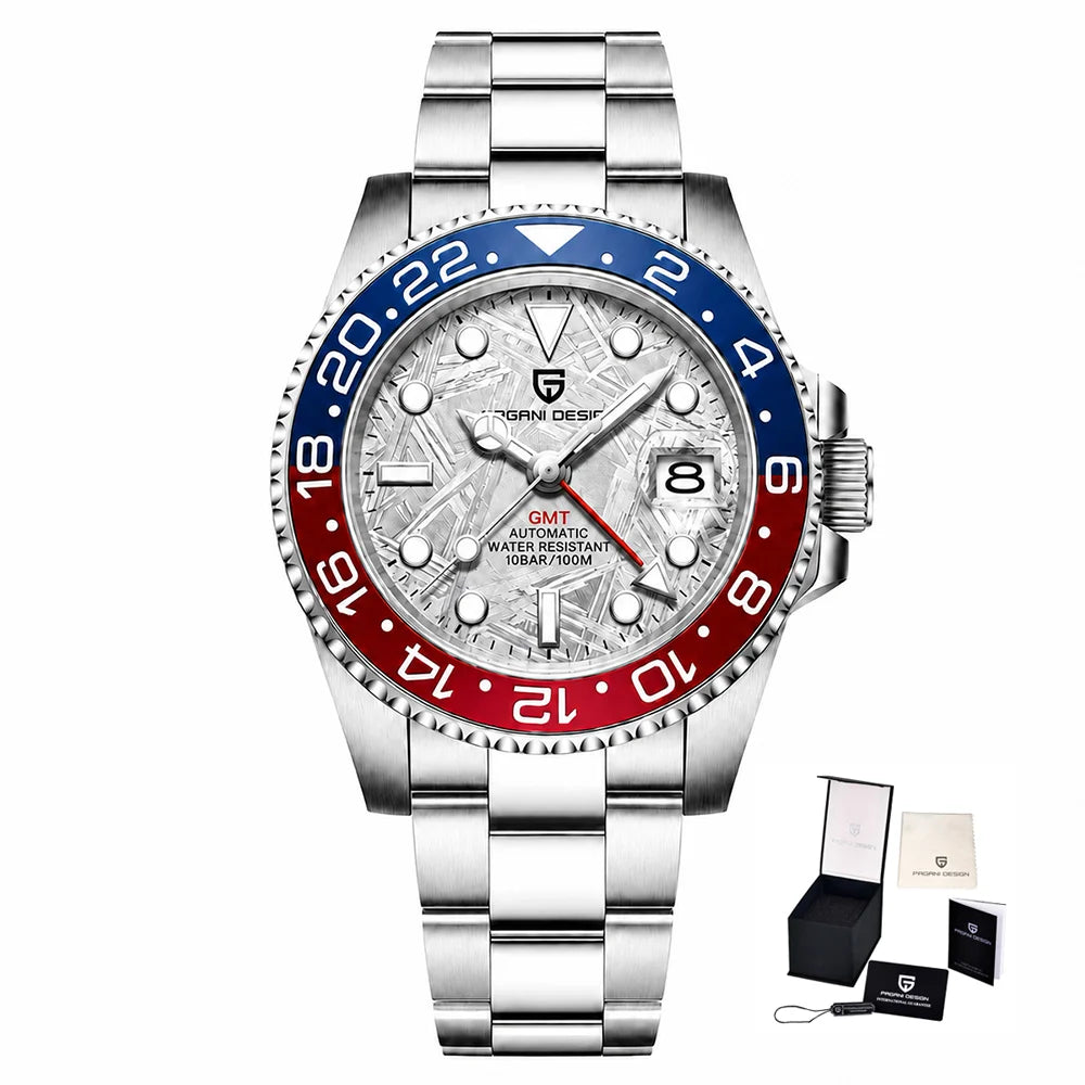 Механичен мъжки часовник Pagani Design GMT – Луксозен модел със сапфирен кристал, корпус от неръждаема стомана и керамична рамка – Автоматичен мъжки часовник, професионален стил