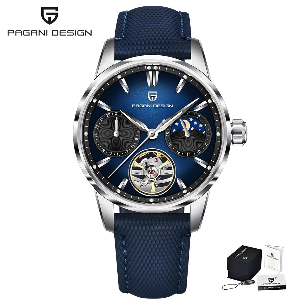 PAGANI DESIGN – Mekanisk luksusur til mænd, 41 mm, safirglas, læderrem, vandtæt, pilotstil, med tourbillon og månefase