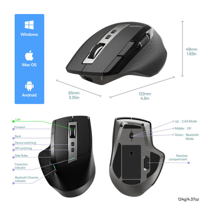 Rapoo MT710L Multi-Mode Rechargeable Wireless Bluetooth Mouse, Ergonomic 4000 DPI Wireless Mouse for Up to 4 Devices with Programmable Buttons