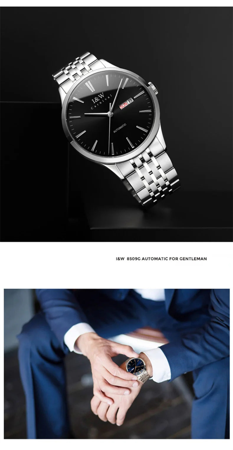 Carnival High-end Series I&W Brand Automatické mechanické hodinky Pánske vodotesné hodinky Oceľ 316L Safír Pánske hodinky na biznis