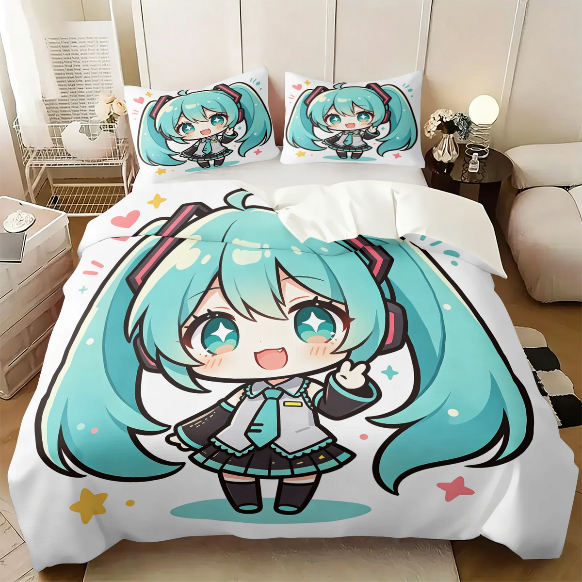 Σετ κάλυμμα παπλώματος Hatsune Miku σε στυλ Chibi – Χαριτωμένα κλινοσκεπάσματα anime με μαξιλαροθήκες – Διακόσμηση υπνοδωματίου για εφήβους και παιδιά – Δώρο για τους θαυμαστές