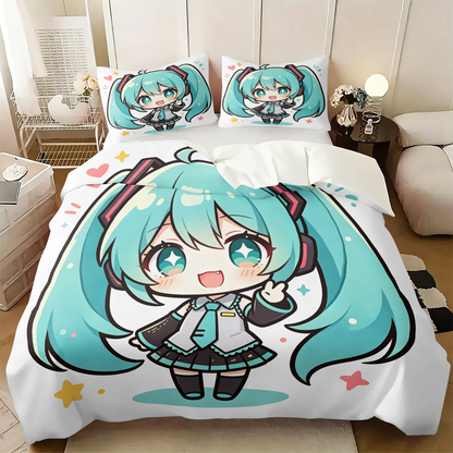Σετ κάλυμμα παπλώματος Hatsune Miku σε στυλ Chibi – Χαριτωμένα κλινοσκεπάσματα anime με μαξιλαροθήκες – Διακόσμηση υπνοδωματίου για εφήβους και παιδιά – Δώρο για τους θαυμαστές