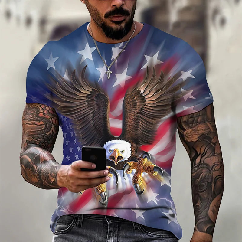 3D-geprint grappig adelaars-T-shirt voor heren, coole dierenprint, zomerse Harajuku-tees, losvallende tops met ronde hals en korte mouwen, T-shirts voor kinderen