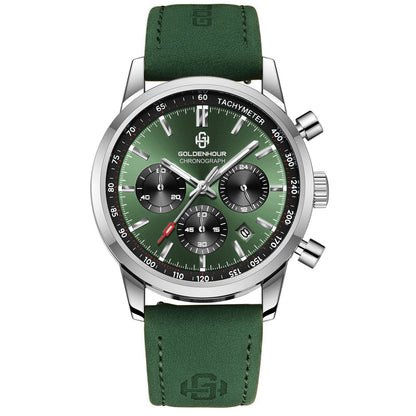 Relógio de luxo para homem GOLDENHOUR – Cronógrafo de quartzo, mostrador verde, bracelete em pele, resistente à água, luminescente, estilo militar e desportivo