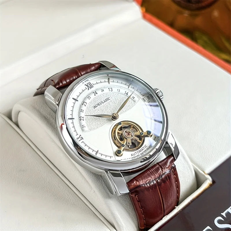 Relógio mecânico automático para homem – Design esqueleto elegante, estilo «business casual» na moda, caixa em liga metálica e bracelete em pele, sem pilha