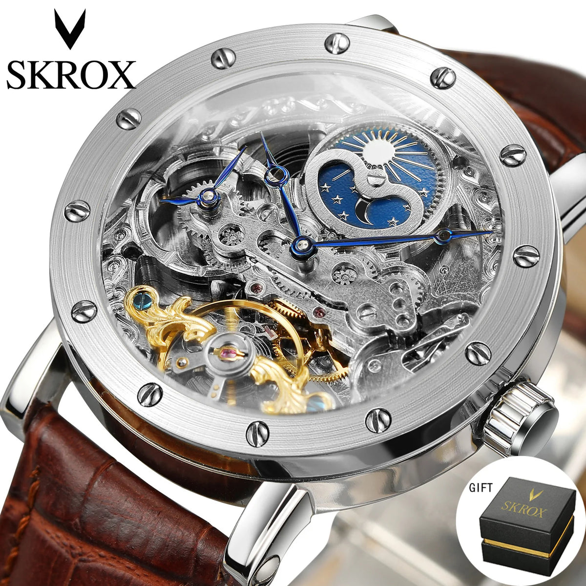 Pánske mechanické automatické náramkové hodinky SKROX, skeletový model s funkciou GMT, fázami mesiaca a tourbillon – luxusné hodinky najvyššej triedy, elegantné a originálne.