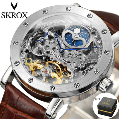 Pánske mechanické automatické náramkové hodinky SKROX, skeletový model s funkciou GMT, fázami mesiaca a tourbillon – luxusné hodinky najvyššej triedy, elegantné a originálne.