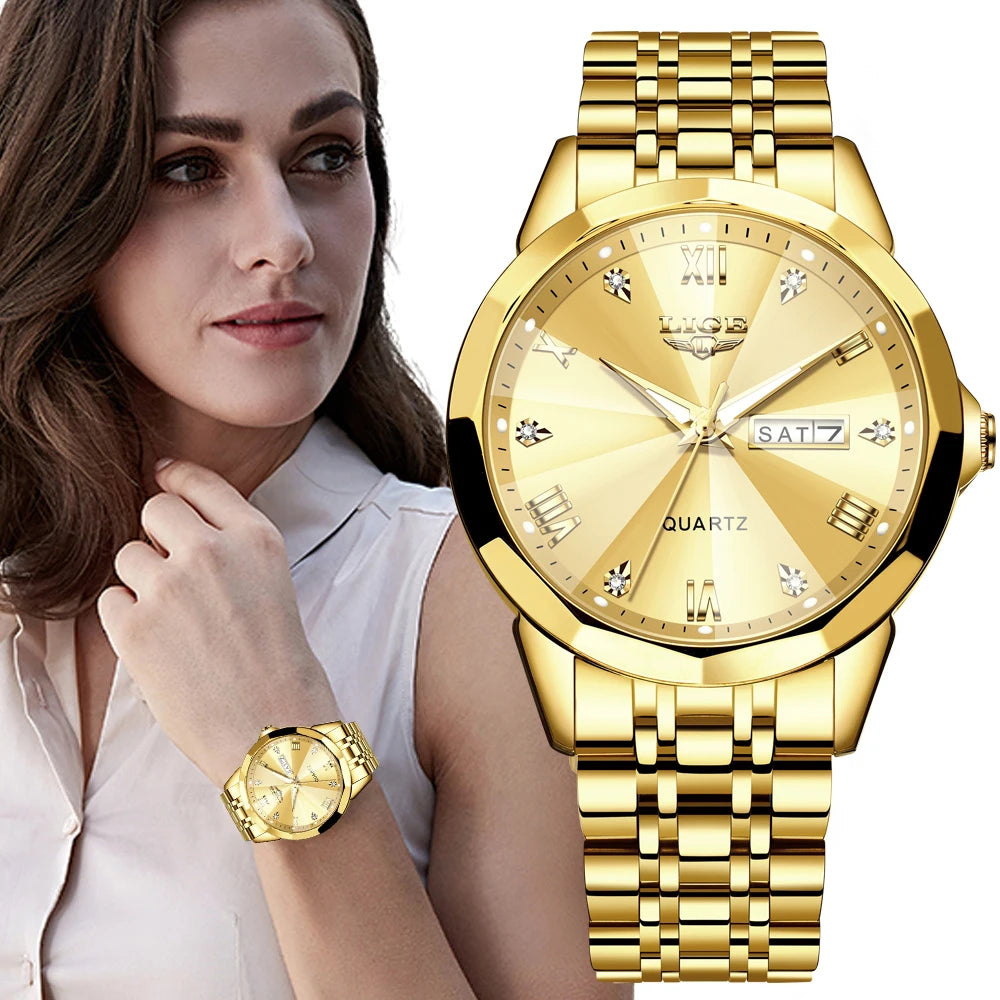LIGE women’s quartz wristwatch – Elegant and luxurious, displaying the date and day of the week – A simple, water-resistant watch, ideal as a gift for women