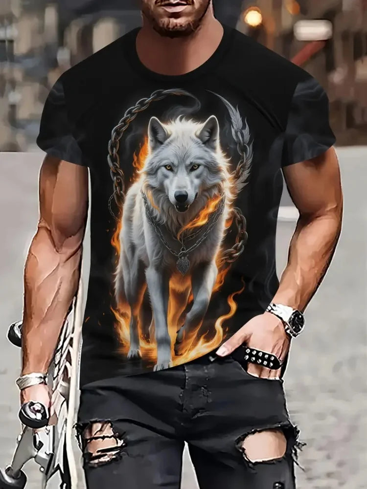 Ανδρικό T-shirt με 3D σχέδιο «Fire Wolf» και γραφικό τύπωμα, καλοκαιρινό, oversized, casual, ανδρική μόδα, γυμναστική, κοντομάνικο, ρούχα, μπλούζες