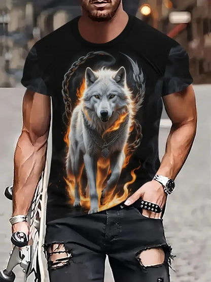 Ανδρικό T-shirt με 3D σχέδιο «Fire Wolf» και γραφικό τύπωμα, καλοκαιρινό, oversized, casual, ανδρική μόδα, γυμναστική, κοντομάνικο, ρούχα, μπλούζες