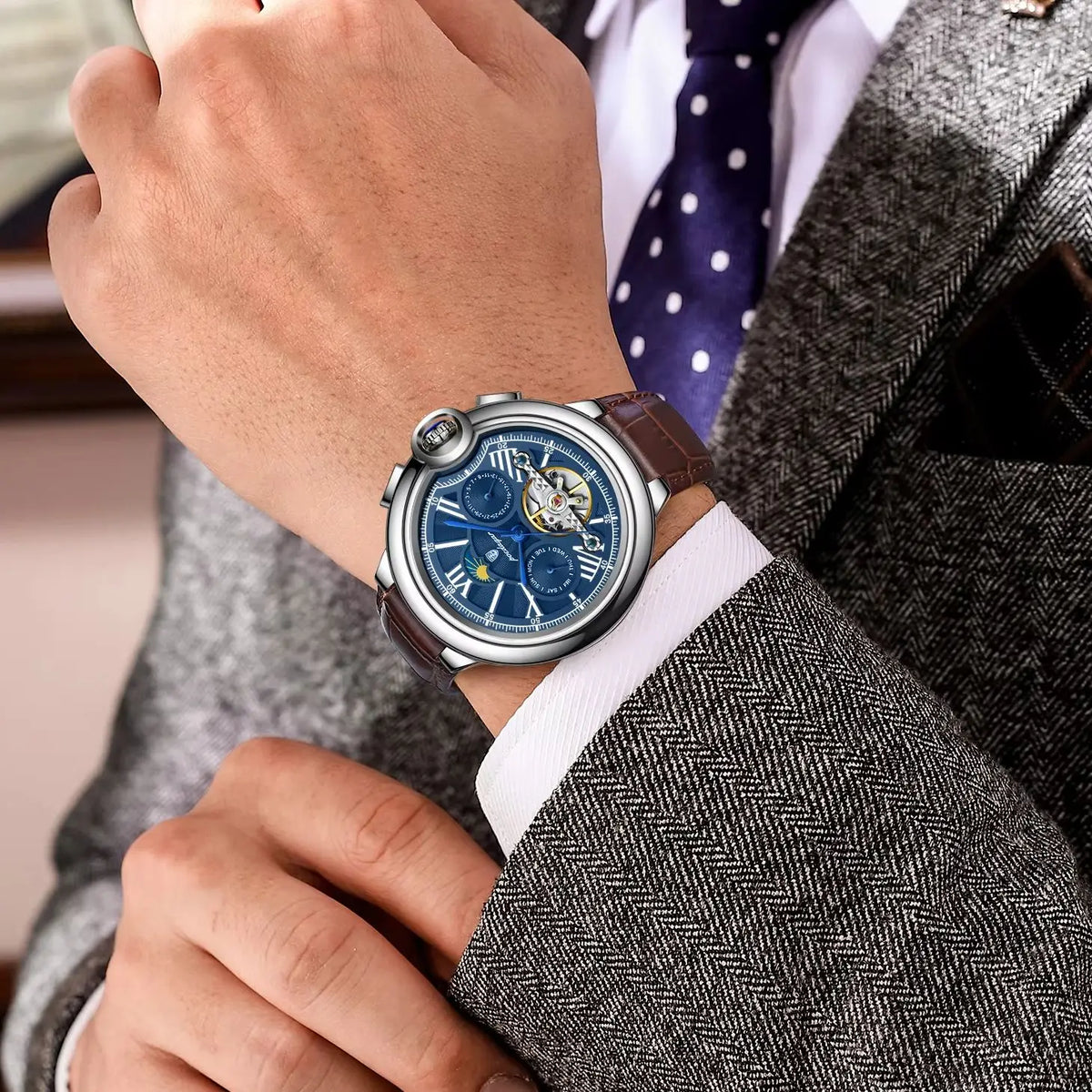 POEDAGAR luksusur til mænd – Mekanisk automatisk model med dato- og ugedagsvisning, læderrem, tourbillon, vandtæt, elegant og professionelt design.
