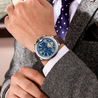 POEDAGAR luksusur til mænd – Mekanisk automatisk model med dato- og ugedagsvisning, læderrem, tourbillon, vandtæt, elegant og professionelt design.