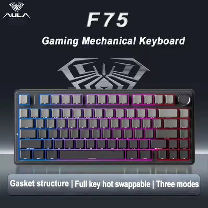 AULA F75 Gaming Mechanical Keyboard RGB 75% Layout Side-engraving Customized Gasket Mounted 80 key PBT Keycaps Wireless keyboard
