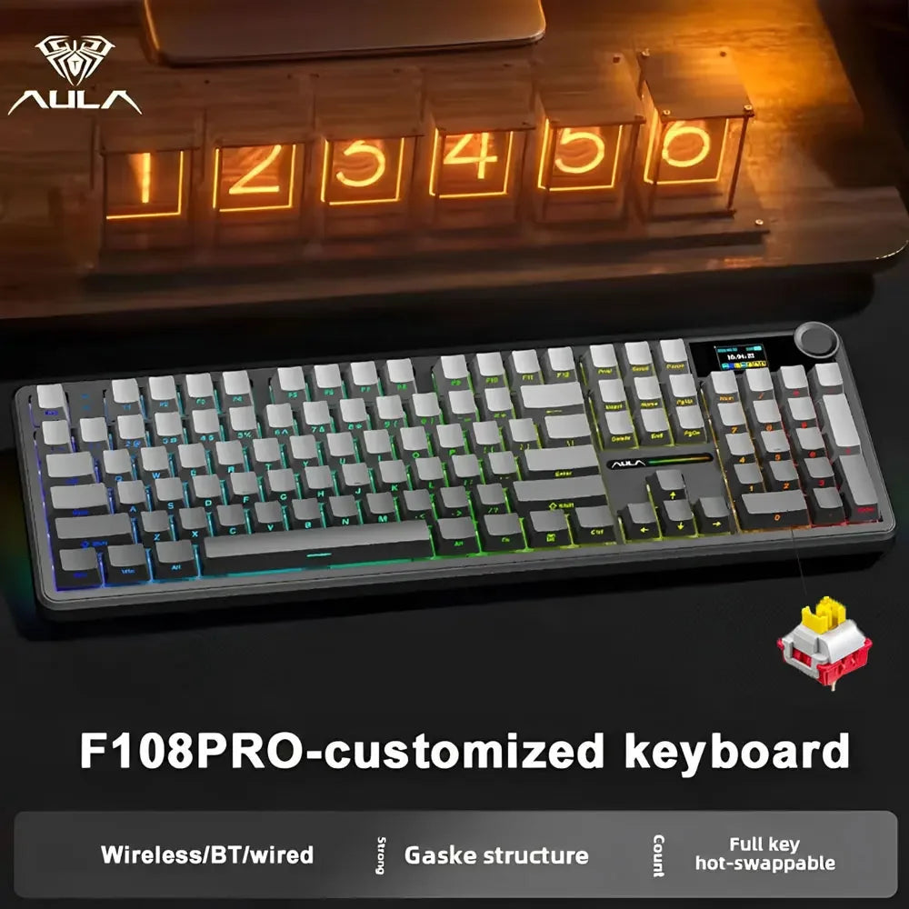AULA F108 PRO Esports Gaming Mechanical Keyboard Three Mode Custom Multi-Knob RGB Backlight Keyboard with TFT Smart Display