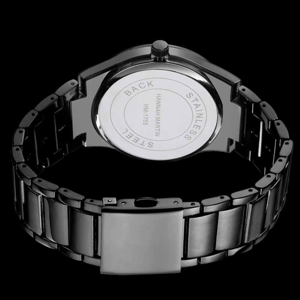 Montre pour homme Hannah Martin, boîtier en acier inoxydable, mouvement à quartz, cadran de 41 mm, style professionnel, avec affichage du calendrier (imitation)
