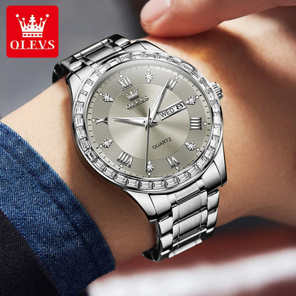 OLEVS 9906 men’s quartz watch, square model set with diamonds, stainless steel strap, water-resistant, with dual calendar; a luxury, original wristwatch, ideal for the workplace.