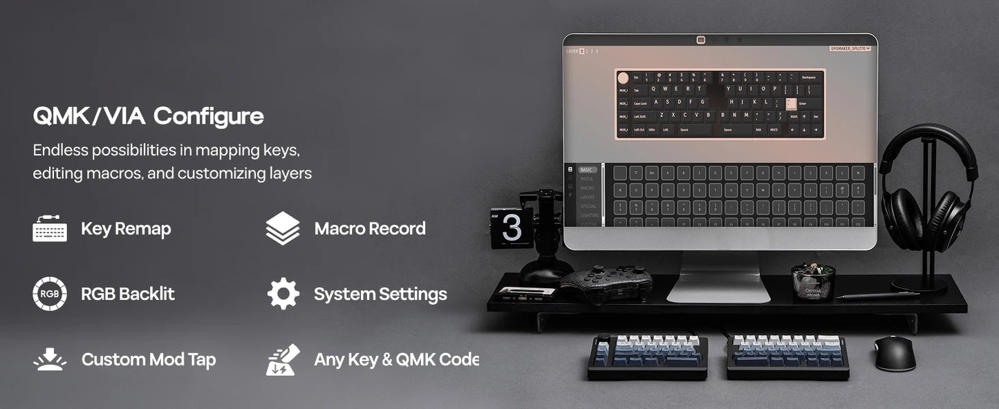 Tastiera meccanica EPOMAKER Split70 QMK/VIA 70% con layout split, connessione cablata/BT/2.4Ghz wireless, manopola programmabile e modificatori Mac