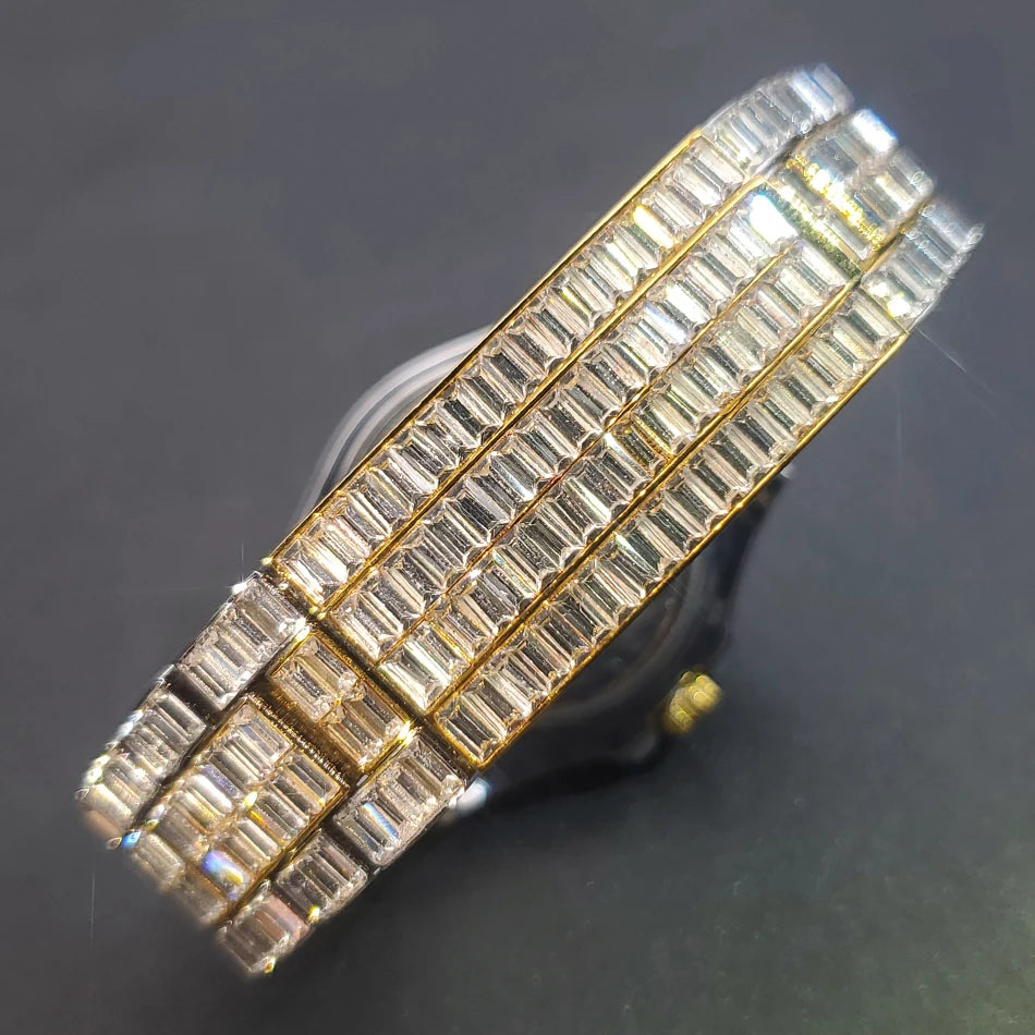 Full Iced Out Watches For Men Luxury Handmade Mosaic Diamond Silver Steel Watch Fashion Hip Hop Silver Automatic Date Male Clock