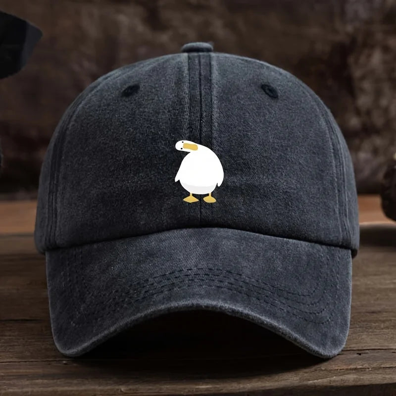 Cute duck print baseball cap with adjustable snap button, breathable fabric, outdoor casual headpiece