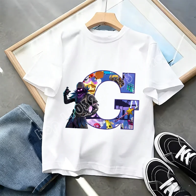 Fortnite A-Z Alphabet Print T-Shirt für Kinder, Sommer, weiß, beliebtes Cartoon-Game-Shirt, modisches Casual-Kurzarmtop, Geschenk