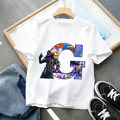 Fortnite A-Z Alphabet Print T-Shirt für Kinder, Sommer, weiß, beliebtes Cartoon-Game-Shirt, modisches Casual-Kurzarmtop, Geschenk