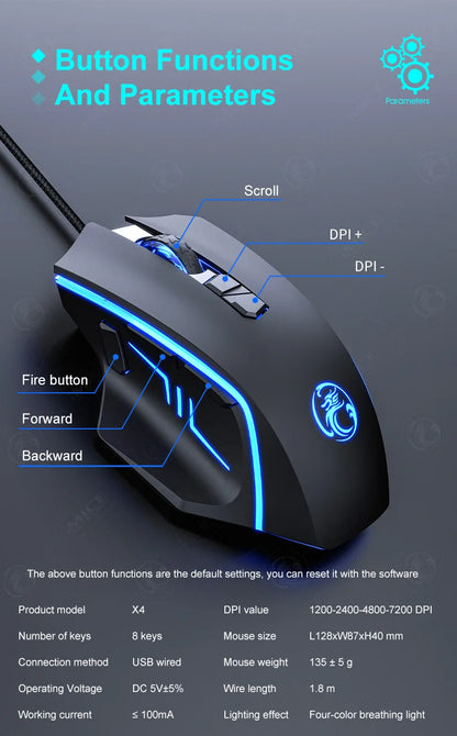 USB Wired Gaming Mouse, RGB Backlit Computer Mice, 8 Keys 7200 DPI High Precision Optical Mouse For Office Laptop Home Computer