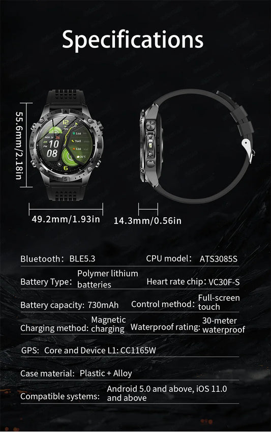 Smartwatch für Herren, GPS-Tracking, High-End-Uhr, schwimmtauglich, wasserdicht, Sechs-Achsen-Sensor, Sport, 2 GB Speicher, GPS, Karte, Kompass, Smartwatch