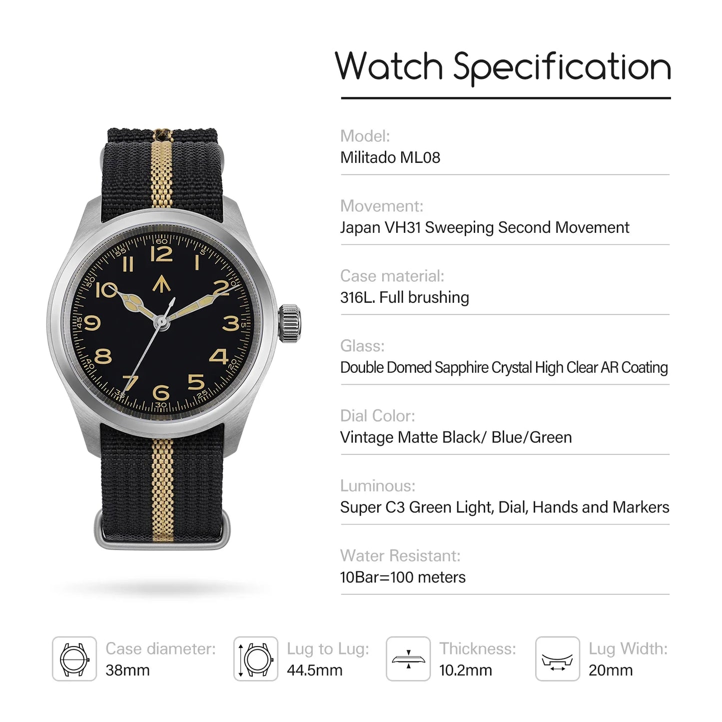 Militado ML08 V2 Vintage-Quarzuhr Military VH31-Uhrwerk Doppeltes Saphirglas C3 BGW-9 Leuchtend Wasserdicht 38mm Uhr