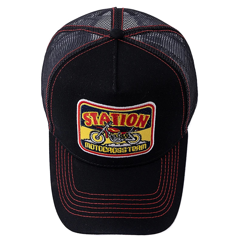 Hot Sale Unisex Mesh Trucker Hat Classic Motorcycle Pattern Breathable Summer Baseball Cap Streetwear Cap for Men Women