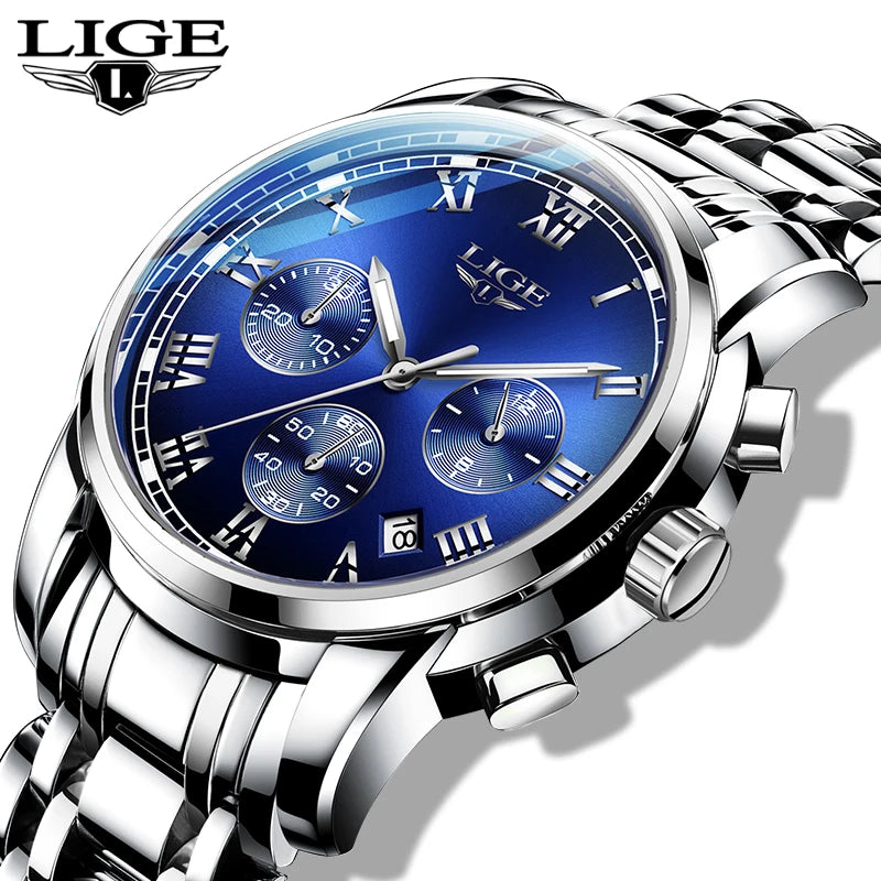 Pánské hodinky LIGE – luxusní chronograf, ležérní sportovní styl, vodotěsné, celokovové, quartzový strojek