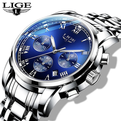 Pánské hodinky LIGE – luxusní chronograf, ležérní sportovní styl, vodotěsné, celokovové, quartzový strojek