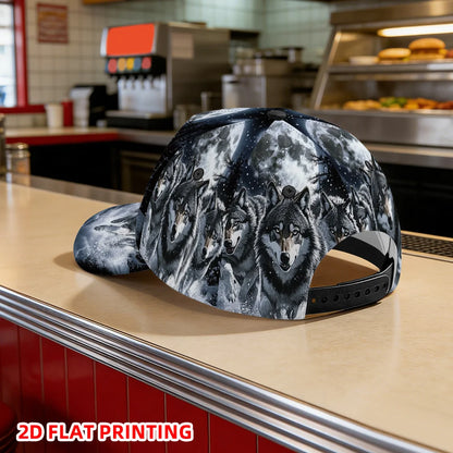 Casquette de baseball classique ornée d’un imprimé plat en 2D représentant des loups sous la pleine lune – casquette légère et ajustable à visière en bec de canard