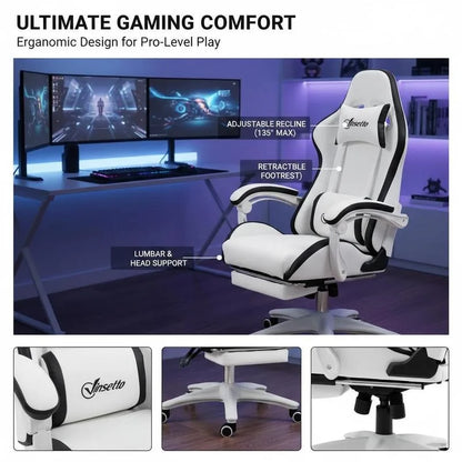 Leather Gaming Chair 135° Reclining with Retractable 360° Swivel Height Ergonomic White Contrast Edge Office Chair 120KG Capacity
